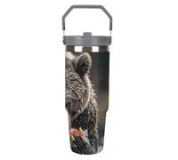 LPSADGF Bear Eats Fish - Bicchiere con cannuccia, isolante, in acciaio inox, con manico, design a doppia parete, coperchio a prova di perdite, mantiene le bevande calde/fredde per ore