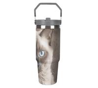LPSADGF Bellissimo bicchiere da 890 ml con cannuccia a forma di gatto siamese, tazza da viaggio isolata in acciaio inox con manico, design a doppia parete, coperchio a prova di perdite, mantiene le