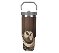 LPSADGF Bicchiere da 880 ml con cannuccia e cappello nero da cowboy, tazza da viaggio isolata in acciaio inox con manico design a doppia parete, coperchio a prova di perdite, mantiene le bevande calde