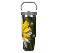LPSADGF Bicchiere da viaggio con cannuccia a forma di fiore giallo e grigio, in acciaio inox, con manico, design a doppia parete, coperchio a prova di perdite, mantiene le bevande calde/fredde per ore