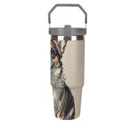 LPSADGF Bicchiere da viaggio con cannuccia disegnato a mano Sketch Corgi, da 880 ml, in acciaio inox, isolato, con manico, a doppia parete, coperchio a prova di perdite, mantiene le bevande calde
