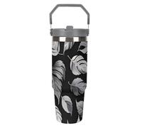 LPSADGF Bicchiere da viaggio in jacquard con foglie grigie nere e grigie, con cannuccia, isolante, in acciaio inox, con manico, a doppia parete, coperchio a prova di perdite, mantiene le bevande calde