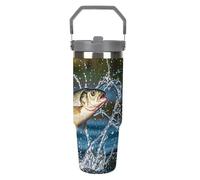LPSADGF Big Mouth Bass Bites Bait - Bicchiere con cannuccia, tazza da viaggio isolata in acciaio inox con manico Design a doppia parete sottovuoto tazza da caffè, coperchio a prova di perdite