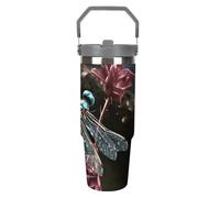 LPSADGF Blue Dragonfly - Bicchiere con cannuccia, in acciaio inox isolato, con manico, design a doppia parete, coperchio a prova di perdite, mantiene le bevande calde/fredde per ore