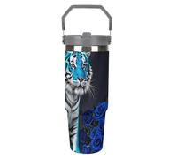 LPSADGF Blue Rose Tiger, bicchiere da 880 ml con cannuccia, tazza da viaggio isolata in acciaio inox con manico, design a doppia parete, coperchio a prova di perdite, mantiene le bevande calde/fredde