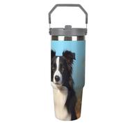 LPSADGF Border Collie - Bicchiere da viaggio con cannuccia, in acciaio inox isolato, con manico, a doppia parete, coperchio a prova di perdite, mantiene le bevande calde/fredde per ore
