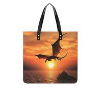 LPSADGF Borsa da donna in pelle colorata con stampa di zampa di cane borsa per il trucco con fibbia magnetica borsa casual, Drago volante al tramonto sul mare, 39x39cm