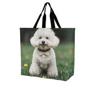 LPSADGF Borsa tote da donna con papaveri, riutilizzabile, pieghevole, borsa per la spesa, borsa a tracolla, Bichon Frise Cane sull'erba, 40x40x16cm