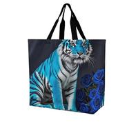 LPSADGF Borsa tote da donna in legno, borsa per la spesa pieghevole, riutilizzabile, borsa a tracolla, Tigre rosa blu, 40x40x16cm