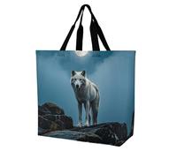 LPSADGF Borsa tote da donna in stile shabby chic con rose, riutilizzabile, pieghevole, borsa per la spesa, borsa a tracolla, Il lupo bianco sulla roccia, 40x40x16cm