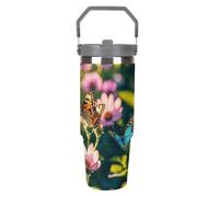 LPSADGF Butterflies And Blooms - Bicchiere da viaggio con cannuccia, in acciaio inox, isolante, con manico, a doppia parete, coperchio a prova di perdite, mantiene le bevande calde/fredde per ore