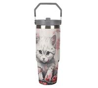 LPSADGF Cat and Cherry - Bicchiere da 880 ml con cannuccia, tazza da viaggio isolata in acciaio inox con manico, design a doppia parete, coperchio a prova di perdite, mantiene le bevande calde/fredde