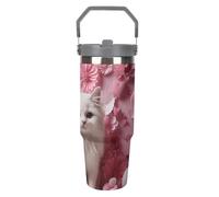 LPSADGF Cat and Heart - Bicchiere da 880 ml con cannuccia, tazza da viaggio isolata in acciaio inox con manico, design a doppia parete, coperchio a prova di perdite, mantiene le bevande calde/fredde