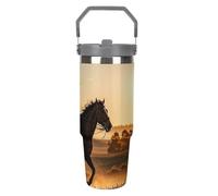 LPSADGF Cowboys Riding Horses - Bicchiere da viaggio con cannuccia, in acciaio inox isolato, con manico, design a doppia parete, coperchio a prova di perdite, mantiene le bevande calde/fredde per ore