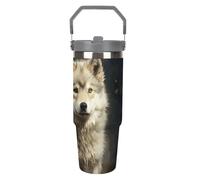 LPSADGF Cute Wolf - Bicchiere da viaggio con cannuccia, isolato, in acciaio inox, con manico, a doppia parete, coperchio a prova di perdite, mantiene le bevande calde/fredde per ore