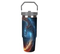 LPSADGF Fire and Ice Dragons - Bicchiere da viaggio con cannuccia, in acciaio inox, isolato, con manico, a doppia parete, coperchio a prova di perdite, mantiene le bevande calde/fredde per ore