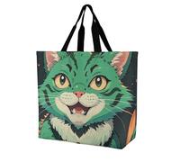 LPSADGF Happy Irish Holidays Tote Bag da donna - Borsa per la spesa riutilizzabile pieghevole per la spesa, borsa a tracolla, Anime Gatto Verde, 40x40x16cm