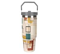 LPSADGF Mid Century Modern - Bicchiere da viaggio con cannuccia, in acciaio inox isolato, con manico, design a doppia parete, coperchio a prova di perdite, mantiene le bevande calde/fredde per ore