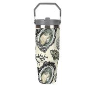 LPSADGF Oysters and Shells - Bicchiere da 880 ml con cannuccia, tazza da viaggio isolata in acciaio inox con manico, design a doppia parete, coperchio a prova di perdite, mantiene le bevande calde