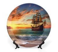 LPSADGF Piatti decorativi in ceramica con nave pirata al tramonto piatti decorativi per esposizione Piatto da pranzo in stile bohémien con espositore piatto cinese per decorazione domestica 17,8 cm