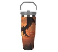LPSADGF Sea Sunset Flying Dragon - Bicchiere da viaggio con cannuccia, in acciaio inox isolato, con manico, design a doppia parete, coperchio a prova di perdite, mantiene le bevande calde/fredde per
