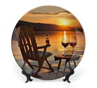 LPSADGF Sedia e vino al tramonto Lago Piatti decorativi in ceramica Piatti decorativi per esposizione Piatto da pranzo in stile bohémien con espositore Piatto cinese per decorazione domestica 17,8 cm