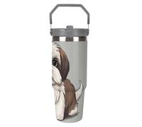 LPSADGF Shih Tzu Dog - Bicchiere con cannuccia, tazza da viaggio isolata in acciaio inox con manico, design a doppia parete, coperchio a prova di perdite, mantiene le bevande calde/fredde per ore