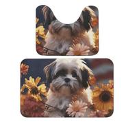 LPSADGF Shih Tzu Set di tappeti da bagno con cane e fiori, set di 2 tappetini da bagno morbidi a forma di U, 50 x 80 cm, tappetini da bagno ad asciugatura rapida, per bagno, vasca, lavabili, tappetini