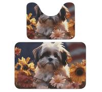 LPSADGF Shih Tzu, Set di tappeti da bagno con motivo cane e fiori, set da 2 pezzi, tappetino da bagno a forma di U, 40 x 60 cm, tappetino da bagno ad asciugatura rapida, per bagno, vasca, lavabili