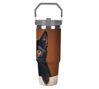 LPSADGF Simpatico bicchiere da viaggio con cannuccia a forma di gatto nero che fa capolino da 880 ml, tazza da viaggio isolata in acciaio inox con manico, tazza da caffè sottovuoto a doppia parete