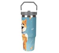 LPSADGF Simpatico bicchiere da viaggio Shiba Inu da 880 ml, con cannuccia, tazza da viaggio isolata in acciaio inox con manico, design a doppia parete, coperchio a prova di perdite, mantiene le