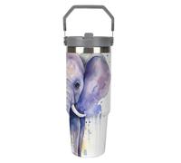 LPSADGF Simpatico elefante acquerello bicchiere con cannuccia, tazza da viaggio isolata in acciaio inox con manico design a doppia parete sottovuoto tazza da caffè, coperchio a prova di perdite