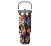 LPSADGF Sugar Skulls - Bicchiere con cannuccia, tazza da viaggio isolata in acciaio inox con manico, design a doppia parete, coperchio a prova di perdite, mantiene le bevande calde/fredde per ore