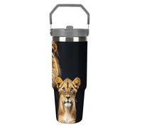 LPSADGF Tazza da viaggio con cannuccia e scritta "Mother Lion and Young Leone", in acciaio inox, con manico, a doppia parete, coperchio a prova di perdite, mantiene le bevande calde/fredde per ore
