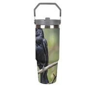 LPSADGF Tazza da viaggio con cannuccia, in acciaio inox, isolante, con motivo uccelli sul ramo, con manico a doppia parete, coperchio a prova di perdite, mantiene le bevande calde/fredde per ore