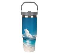 LPSADGF White Beach Tropical Sea - Bicchiere da viaggio con cannuccia, in acciaio inox isolato, con manico, design a doppia parete, coperchio a prova di perdite, mantiene le bevande calde/fredde per