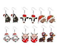 LPYO Set di 6 paia di orecchini natalizi da donna, alla moda, in acrilico, per vacanze natalizie, leggeri, con mucca, pupazzo di neve, renna, Medium, Acrilico, Nessuna pietra preziosa