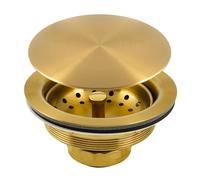 LQS Gruppo di scarico per lavello da cucina, filtro per lavello in acciaio inossidabile, cestello rimovibile e tappo con coperchio piatto decorativo, 8,9 cm, oro