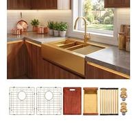 LQS Lavello da cucina a doppia vasca, lavello da cucina sottopiano, lavello da cucina a doppia vasca, in acciaio inox calibro 16, realizzato a mano (oro, 91,4 x 55,9 x 25,4 cm)