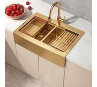 LQS Lavello da cucina a doppia vasca, lavello da cucina sottopiano, lavello da cucina a doppia vasca, in acciaio inox calibro 16, realizzato a mano (oro, 76,2 x 55,9 x 25,4 cm)