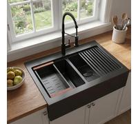 LQS Lavello da cucina a doppia vasca, lavello da cucina sottopiano, lavello da cucina a doppia vasca, in acciaio inox calibro 16, realizzato a mano (nero, 76,2 x 55,9 x 25,4 cm)