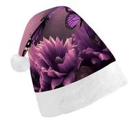 LQWOK Cappelli di Natale, fiori e farfalle viola stampati cappelli di Natale, cappelli di Natale invernali, cappelli di Babbo Natale uomini e donne