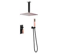 LR Rain Shower System 10 inch Shower Faucet Set Ceiling Mounted Brass Shower Combo Set Single Handle Rain Mixer Shower with Shower Head, Handheld Shower,Rose Gold And Black
