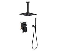 LR Rain Shower System 10 inch Shower Faucet Set Ceiling Mounted Brass Shower Combo Set Single Handle Rain Mixer Shower with Shower Head, Handheld Shower,Black
