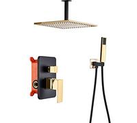 LR Rain Shower System Black Gold Shower Faucet Set Ceiling Mounted Shower Combo Set Single Handle Brass Rain Mixer Shower with Handheld Shower, Shower Head,12 inch