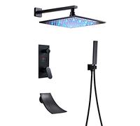 LR Rain Shower System Black LED Digital Display Shower Faucet Set with Waterfall Tub Spout, Wall Mounted Shower Combo Set Brass Rain Mixer Shower with Handheld Shower, LED Shower Head,10 INC