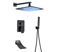 LR Rain Shower System Black Shower Faucet Set with Waterfall Tub Spout, Wall Mounted Shower Combo Set Brass Single Handle Rain Mixer Shower with Handheld Shower, LED Shower Head,8 inch