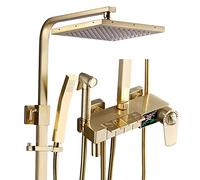 LR Rain Shower System Brushed Gold LED Digital Display Shower Faucet Set Thermostatic Wall Mounted Shower Combo Set with 8 inch Shower Head, Tub Spout, Handheld Shower, Bidet Sprayer