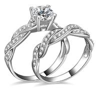 LRGKMCWTOB 2 in 1 da donna in argento Sterling 925 massiccio abbinato, set di anelli di fidanzamento e matrimonio, con zirconia cubica rotonda trasparente, per promessa di fidanzamento e promessa di