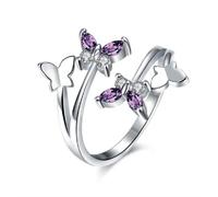 LRGKMCWTOB Gioielli da donna in argento Sterling 925 lucido apertura farfalla regolabile viola zirconi rosa anello placcato oro rosa pietra portafortuna CZ farfalla forma viola cristalli austriaci